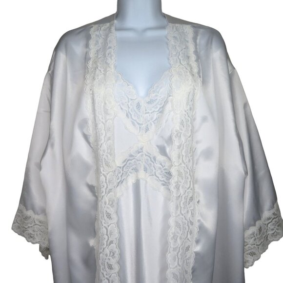 Vintage 80s White Lace Satin Slip Nightgown Robe Peignoir Set Wedding Honeymoon - Picture 13 of 16